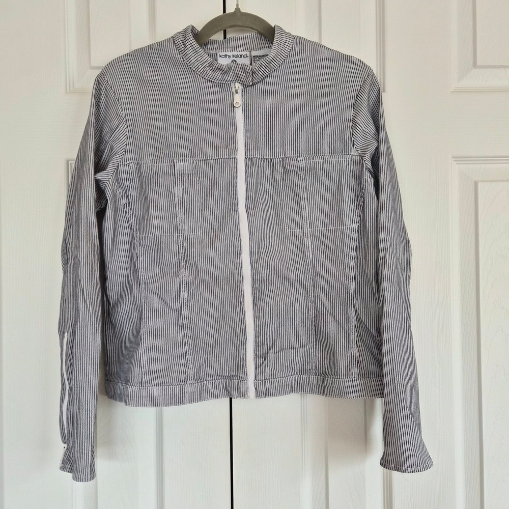 Kathy Ireland Blue White Pinstripe Zip Front Jacket Mock Neck Medium Preppy Y2K